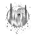 pine trees, moon,  old red chevy, wolf tattoo design idea