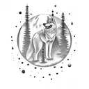 pine trees, moon,  old red chevy, wolf tattoo design idea