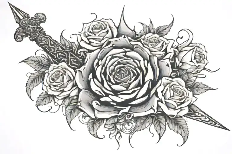 womb tattoo with a sword surrounded by gorgeous roses and thorns tattoo design idea