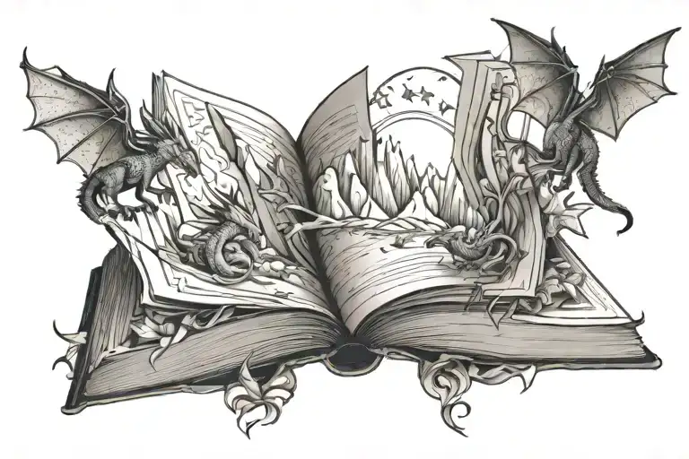 open book with mountains stars dragons flying away tattoo design idea
