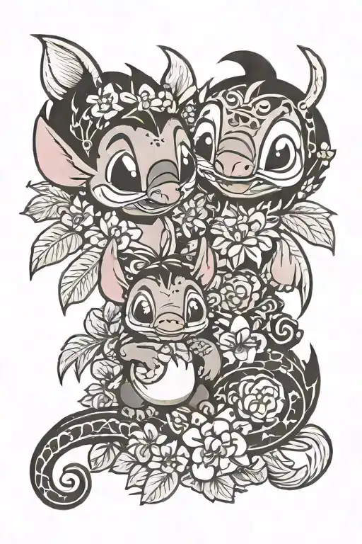 ohana with stitch and hei Hei tattoo design idea