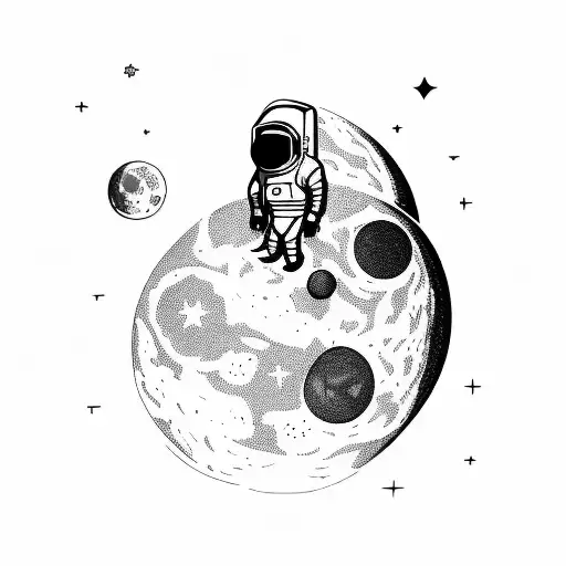 An astronaut pirouetting on the moon with alien spectators tattoo design idea
