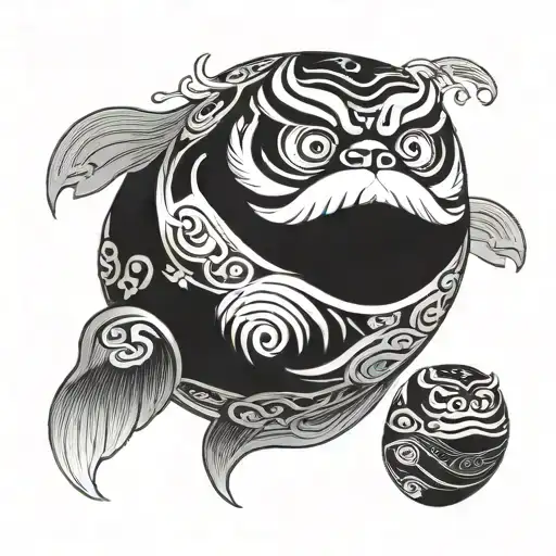 daruma with a look of determination (only the face and its markings) surrounded by wind tattoo design idea
