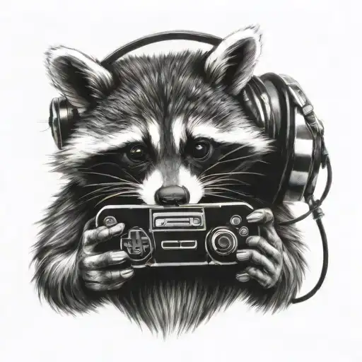 gamer raccoon tattoo with headphones holding a game controller   tattoo design idea