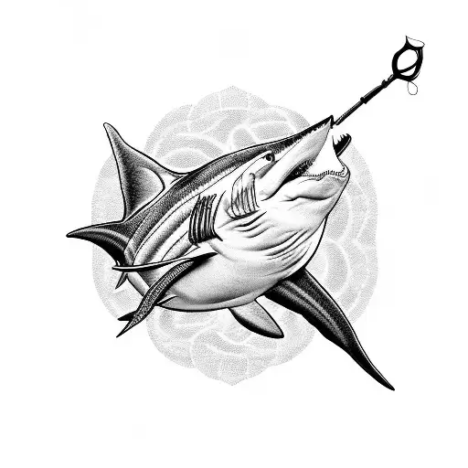 A blackwork tattoo of a fishing rod transforming into a guitar, with a shark and swordfish intertwined in the design tattoo design idea