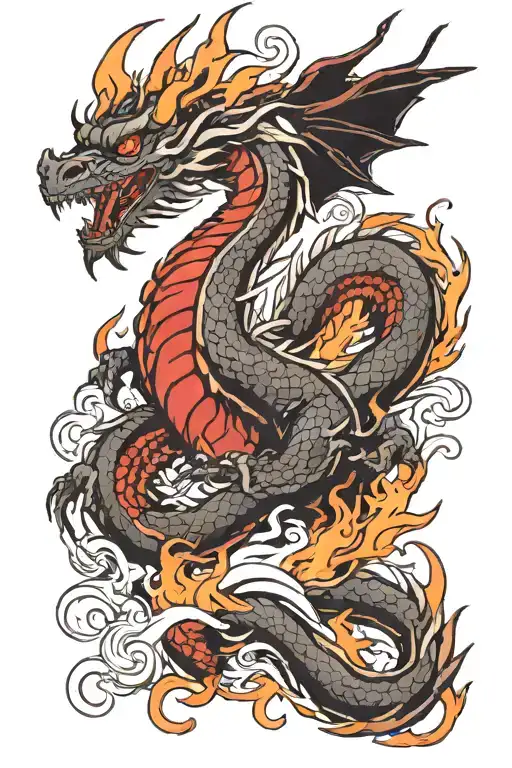 dragon on fire in Japanese style black and red colors tattoo design idea