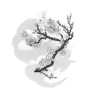 cherry blossom branch wrapped around forearm, the top half with clouds in the background and the bottom having water koi tattoo design idea
