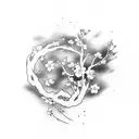 cherry blossom branch wrapped around forearm, the top half with clouds in the background and the bottom having water koi tattoo design idea