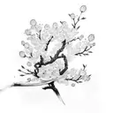 cherry blossom branch wrapped around forearm, the top half with clouds in the background and the bottom having water koi tattoo design idea