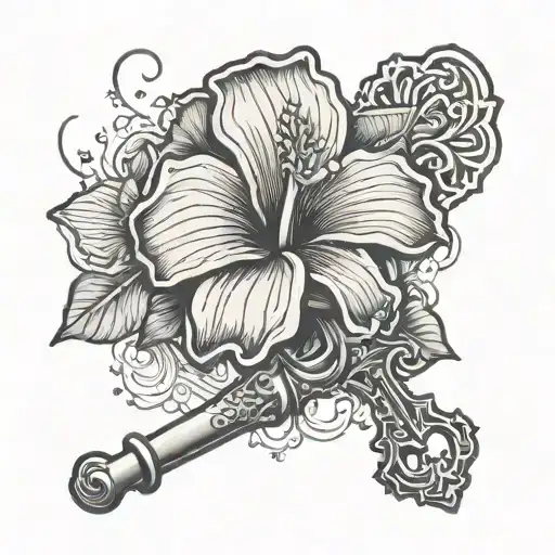 the key from the movie "the nun" and hibiscus flowers and stars  tattoo design idea