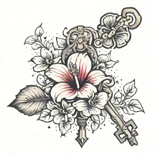 the key from "the nun" and hibiscus flowers and stars  tattoo design idea