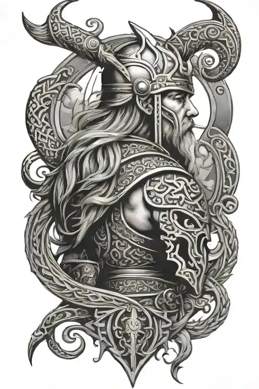 viking theme based full back tattoo with Queen tattoo design idea