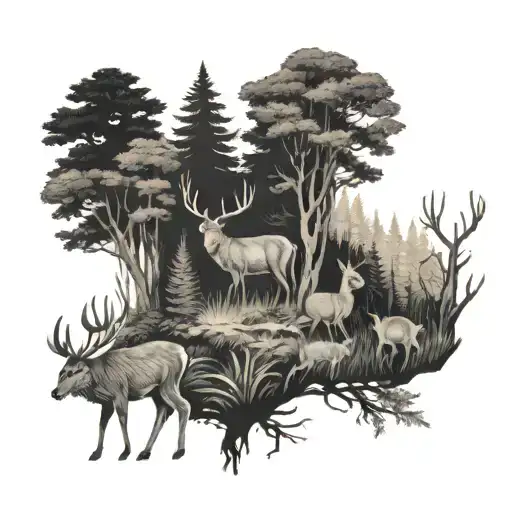 forest with deers rabbits  tattoo design idea