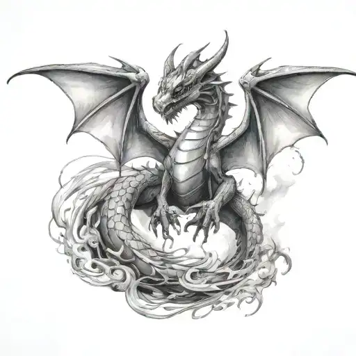 hovering dragon holding banner wings spread ruby eyes facing forward  tattoo design idea