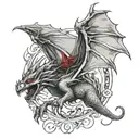 hovering dragon holding banner wings spread ruby eyes facing forward  tattoo design idea