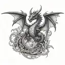 hovering dragon holding banner wings spread ruby eyes facing forward  tattoo design idea