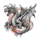 hovering dragon holding banner wings spread ruby eyes facing forward  tattoo design idea