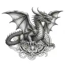 hovering dragon holding banner wings spread ruby eyes facing forward  tattoo design idea