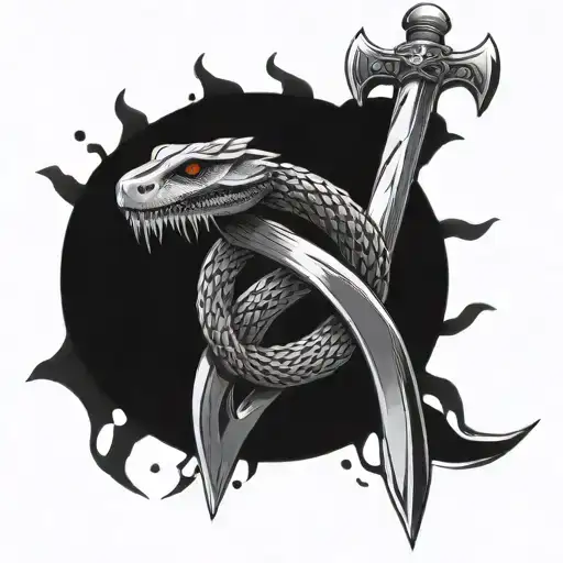 Minimalism style size 16 centimeters on the hand theme of the sketch swords and around the sword a snake and on the background lightning tattoo design idea