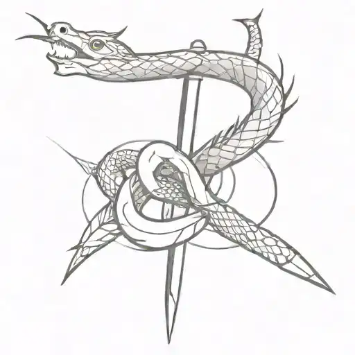 Minimalism style size 16 centimeters on the hand theme of the sketch swords and around the sword a snake and on the background lightning tattoo design idea