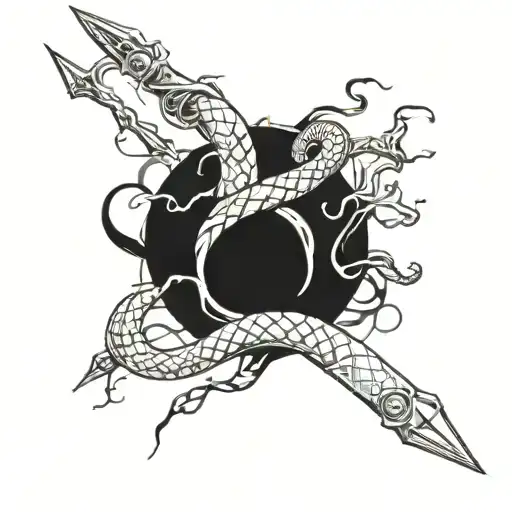 Minimalism style size 16 centimeters on the hand theme of the sketch swords and around the sword a snake and on the background lightning tattoo design idea