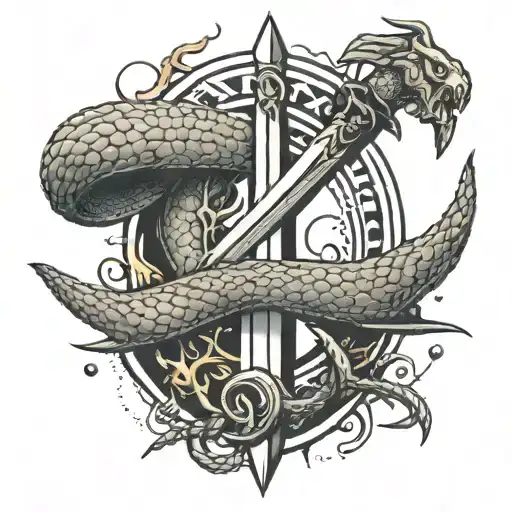 Minimalism style size 16 centimeters on the hand theme of the sketch swords and around the sword a snake and on the background lightning tattoo design idea