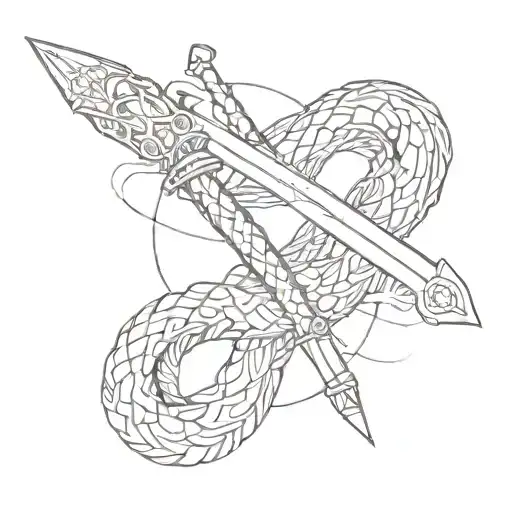Minimalism style size 16 centimeters on the hand theme of the sketch swords and around the sword a snake and on the background lightning tattoo design idea
