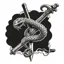 Minimalism style size 16 centimeters on the hand theme of the sketch swords and around the sword a snake and on the background lightning tattoo design idea