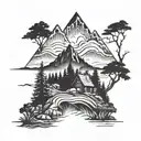 Cross and wilderness landscape tattoo design idea