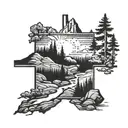 Cross and wilderness landscape tattoo design idea