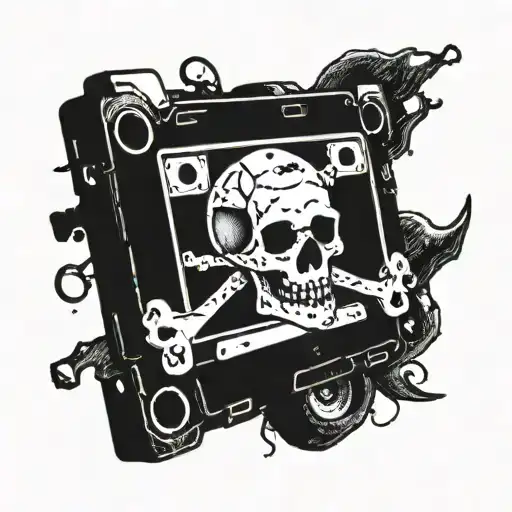 A grungy cassette tape with a skull and crossbones tattoo design idea