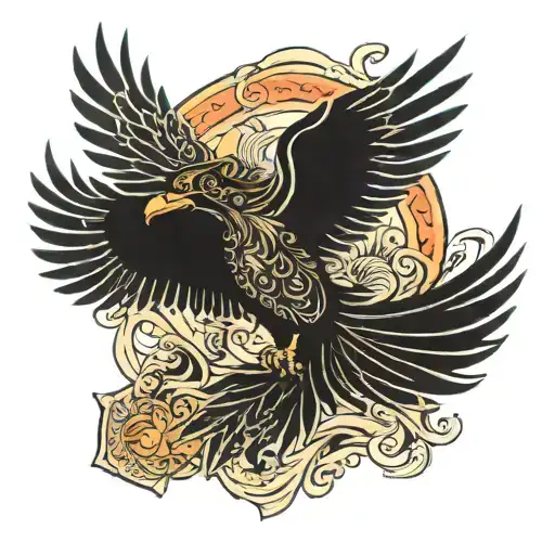 phoenix flying with its tale wraped around a winged black knight. tattoo design idea