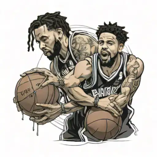 A portrait of J Cole and JID playing basketball together, symbolizing the love for both artists and basketball tattoo design idea