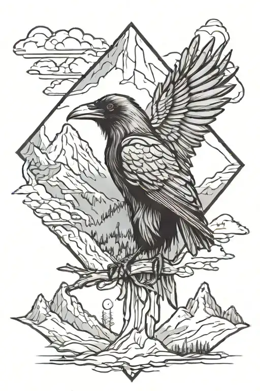 Raven with mountains in background tattoo design idea