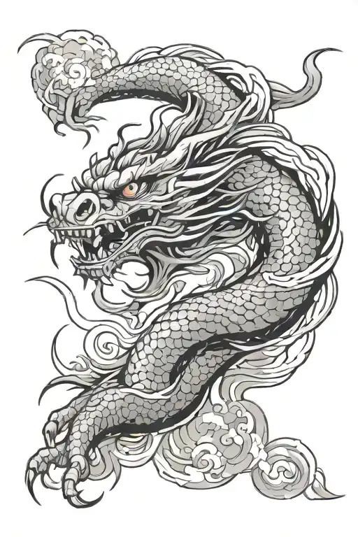 Japanese dragon facing downwards and looking to the right with few small Japanese clouds and aggressive face tattoo design idea