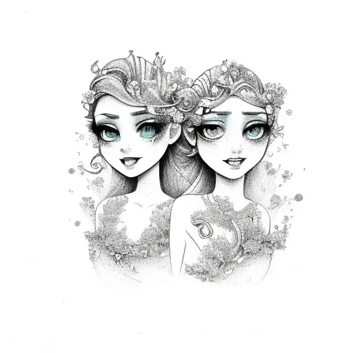 2 pretty mermaids gemini pisces with flower background tattoo design idea