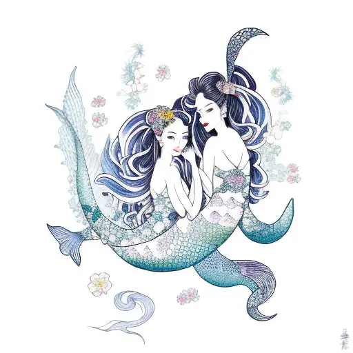 2 pretty mermaids gemini pisces with flower background tattoo design idea