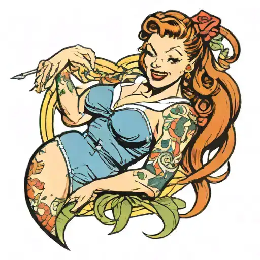 Pin-up, pig tails hair, ginger hair,Seductive, Sexual, Large Breasted, Attractive Woman, Smiling,... tattoo design idea