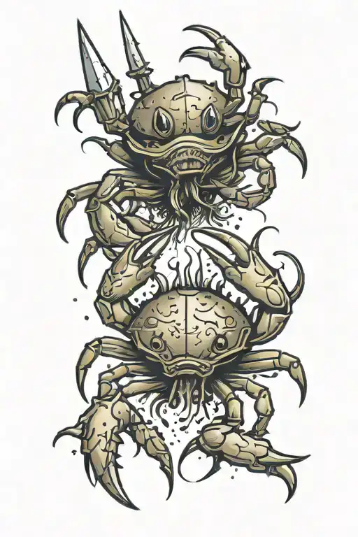 Draw a crab tearing off its own arm with a sword and tears flowing from its eyes in the shape of a star tattoo design idea