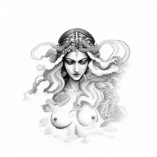 the goddess Aphrodite in the clouds of Olympus tattoo design idea