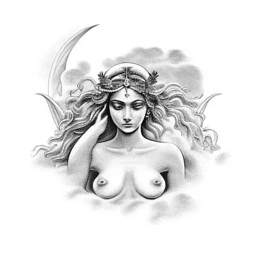 the entire body of the goddess Aphrodite in the clouds of Olympus tattoo design idea