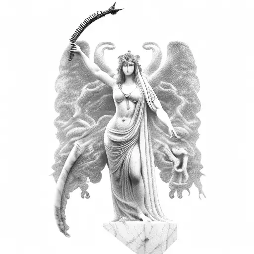 A marble statue of Persephone, queen of the underworld, with a dark twist tattoo design idea