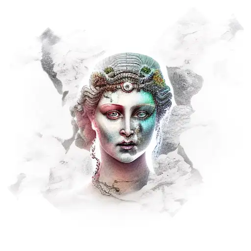 A marble statue of Persephone, queen of the underworld, with a dark twist tattoo design idea