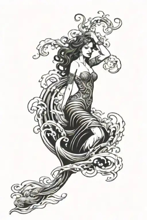siren in water waves tattoo design idea