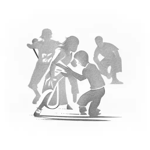 A silhouette of a father, mother, and son playing their favorite sports tattoo design idea
