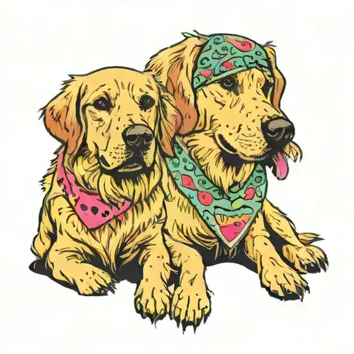 two golden retrivers sitting next to each other. One is wearing a watermelon bandana. The other is wearing a monsters  tattoo design idea