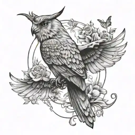 create a back tattoo that includes a swallow, an owl, an ibex and a butterfly tattoo design idea