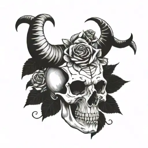 skull with roses and goat horns tattoo design idea