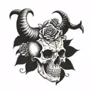 skull with roses and goat horns tattoo design idea
