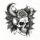 skull with roses and goat horns tattoo design idea